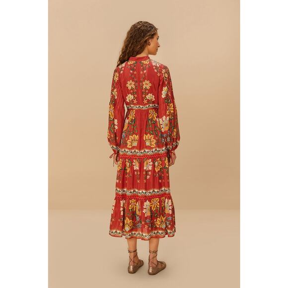 $350 NWT FARM RIO Garden Delight Red Fall Floral Midi Dress – Medium - Picture 10 of 15